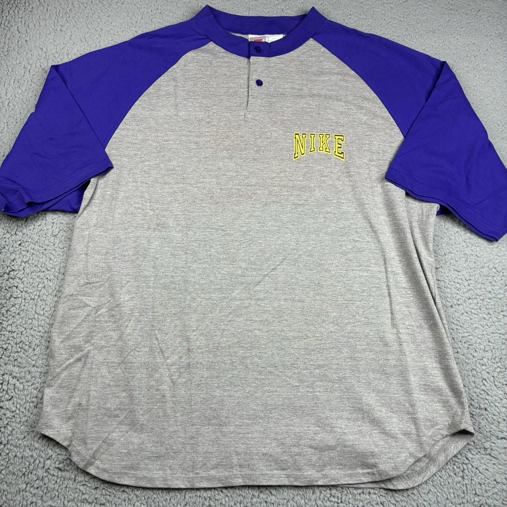 Vintage 90s Nike Raglan Jersey T-Shirt Large Purple Gray 3/4 Sleeve Swoosh
